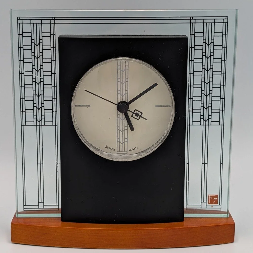 Bulova Frank Lloyd Wright Exhibition Mantel Clock Black Glass Wood B1845 Works